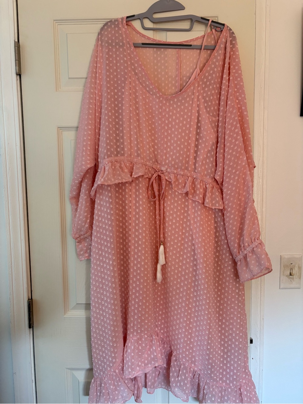 Woman’s Pink Swiss Dot One-Piece dress with Ruffle Waist